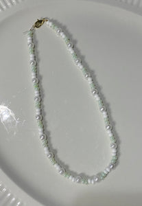 sage green and white beaded necklace with accent pearls